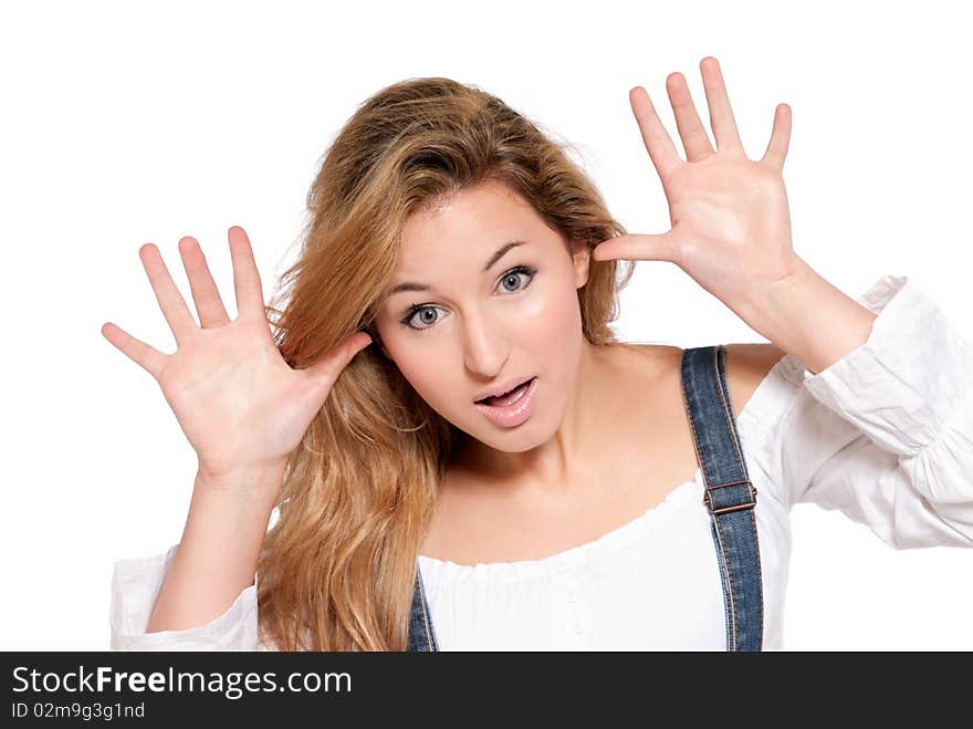 Young female cheerful joking with hands isolated