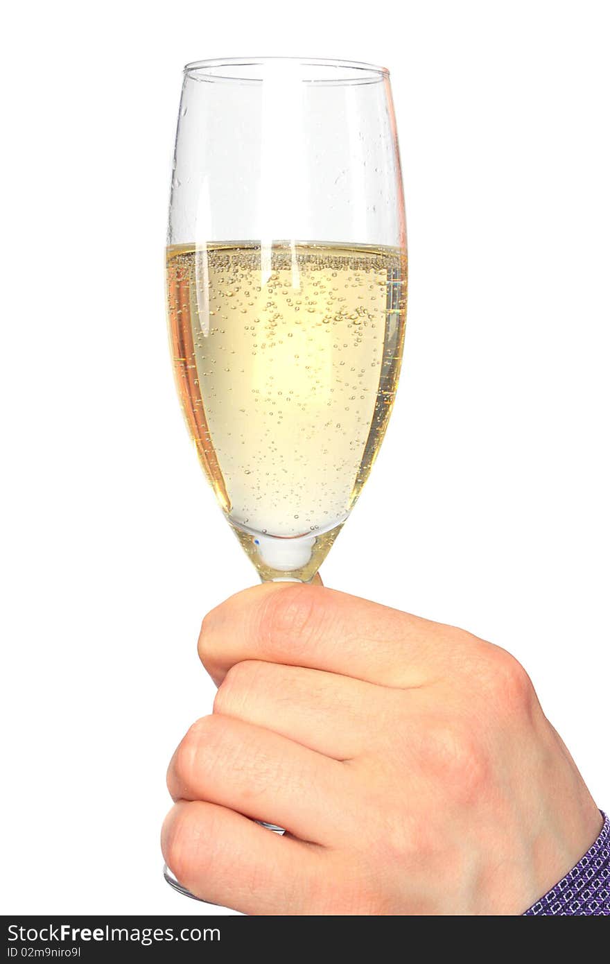 Hand holding glass of champagne isolated on white background