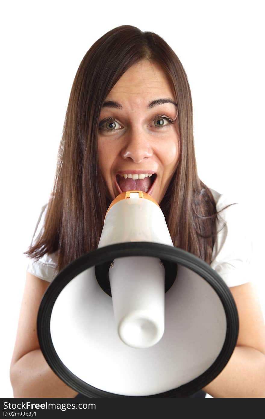 Portrait of a beautiful woman with megaphone, isolated on white