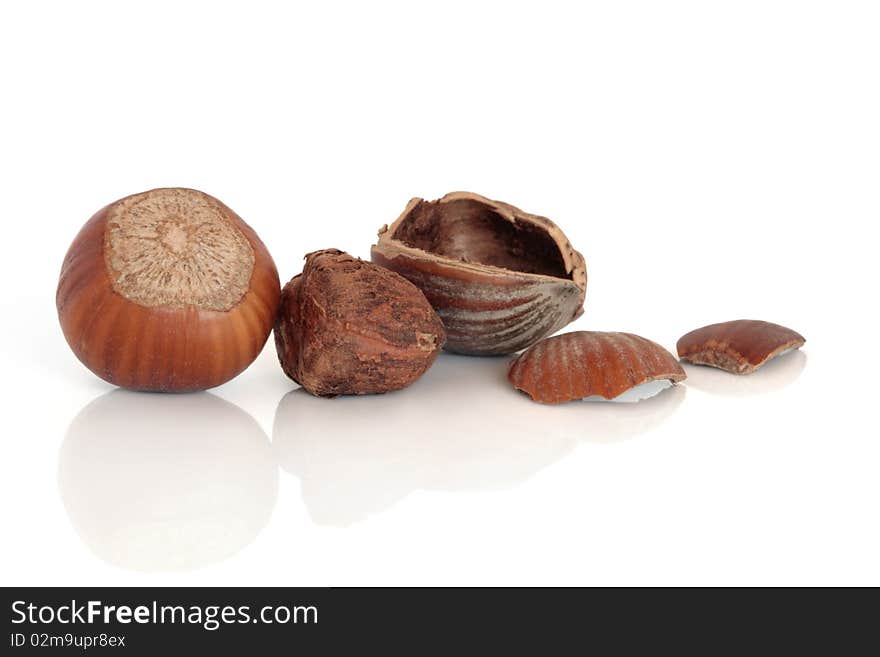 Hazelnut whole and cracked open with husks, isolated over white background with reflection. Hazelnut whole and cracked open with husks, isolated over white background with reflection.