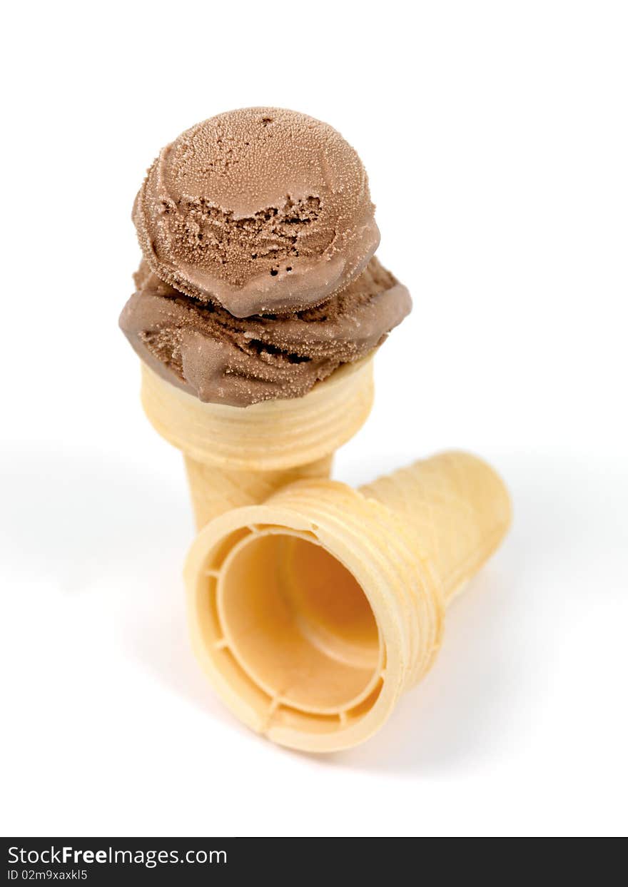 Chocolate icecream in an icecream cone isolated against a white background