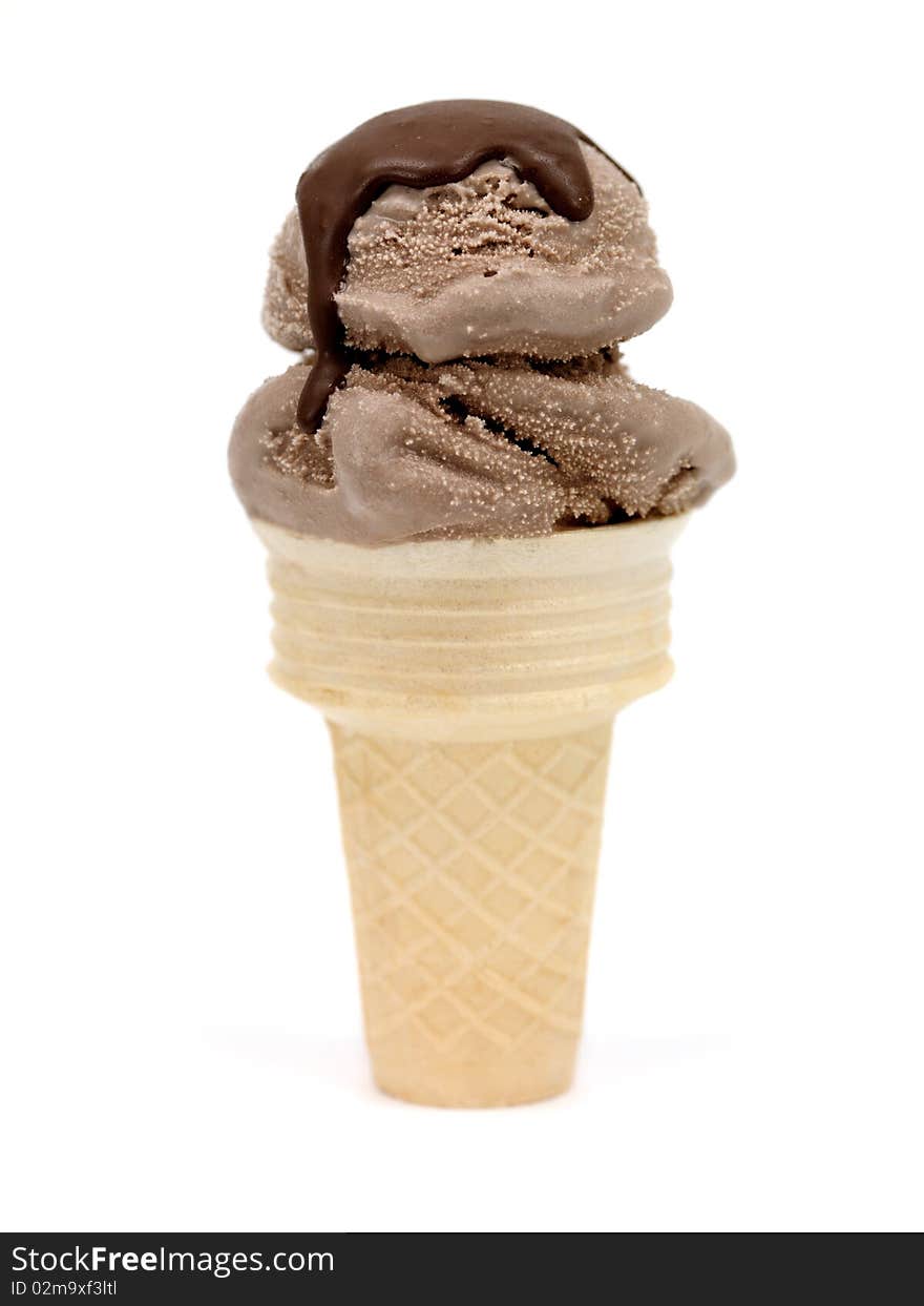 Chocolate icecream in an icecream cone isolated against a white background