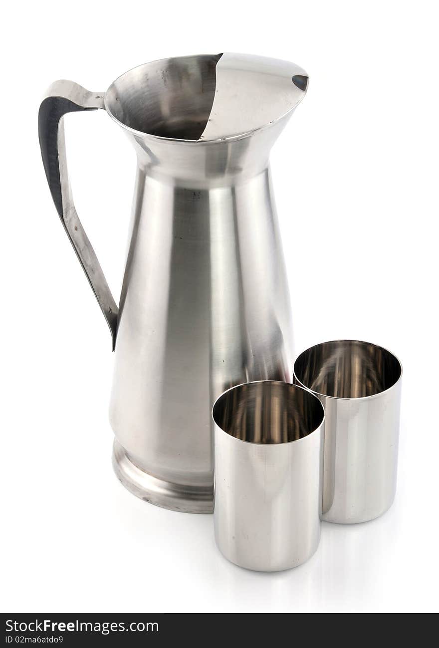 Stainless steel silver mugs on isolated background. Stainless steel silver mugs on isolated background