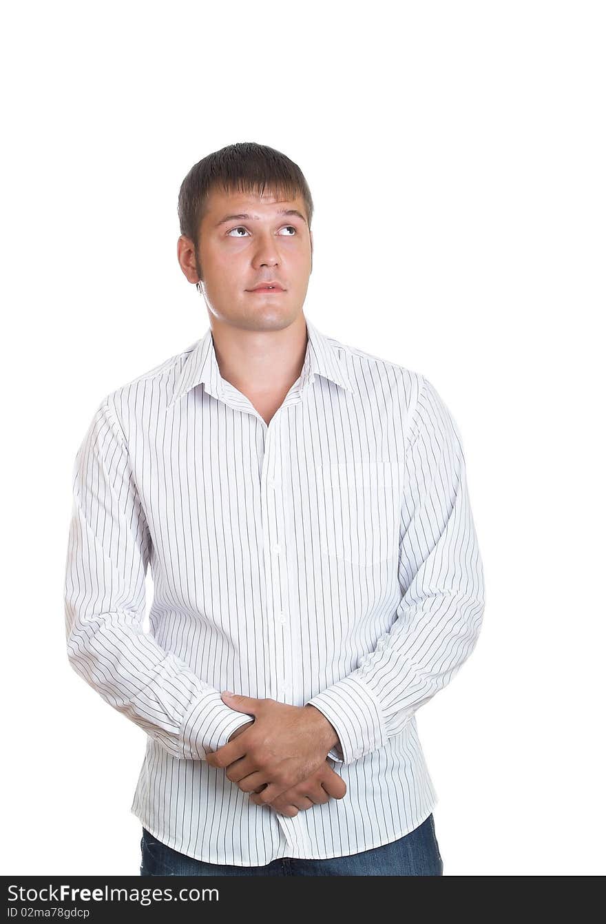 Portrait serious young man on a white background