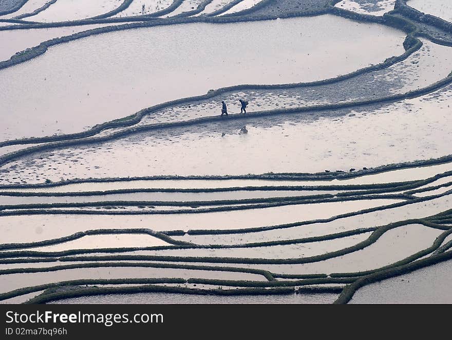 Two people are walking on the path. Two people are walking on the path.