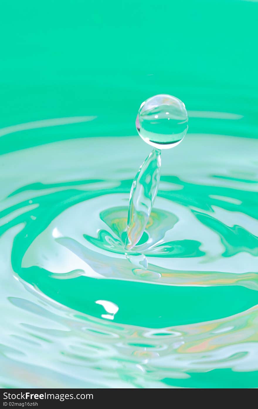 Drop of water, shape like a chap. The drop get out from a blue turquoise water. Drop of water, shape like a chap. The drop get out from a blue turquoise water.