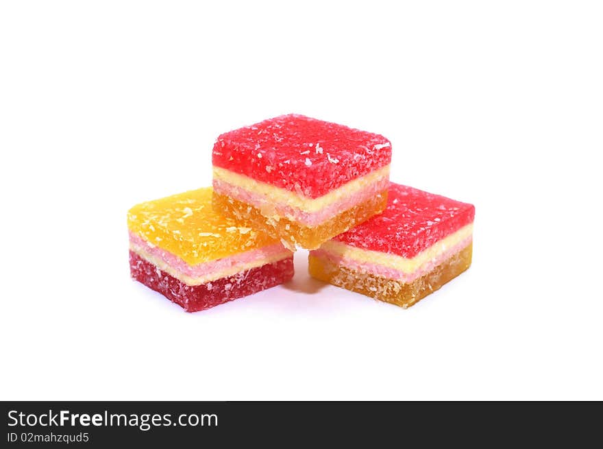 Photo of the fruit jellies on white background