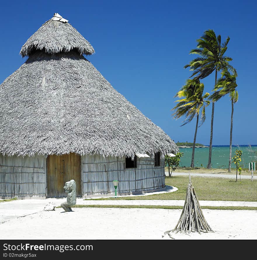 Demonstration of aboriginal hut, Bahia de Bariay, Holguin Province, Cuba