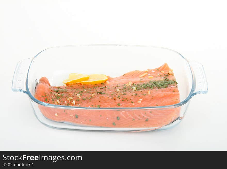 Salmon in plate isolated on white background