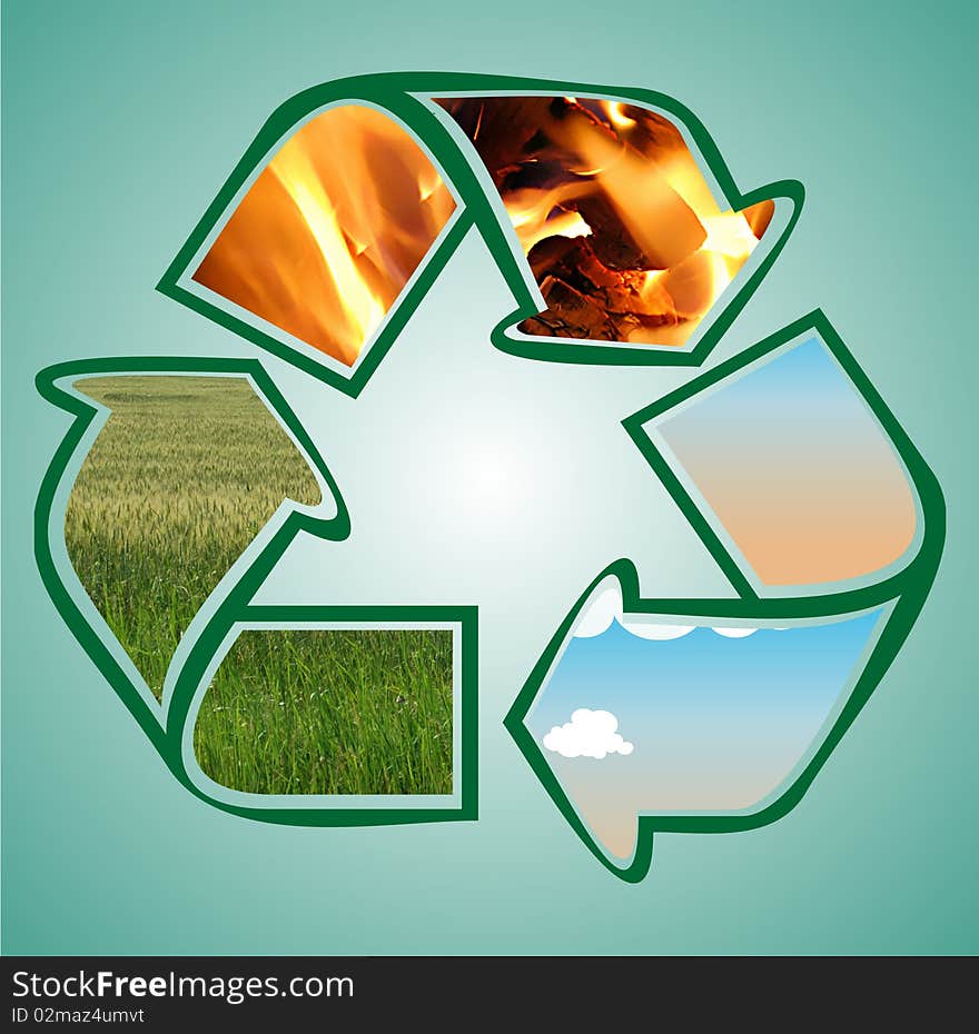 Recycle icon with fire water and green fild texture