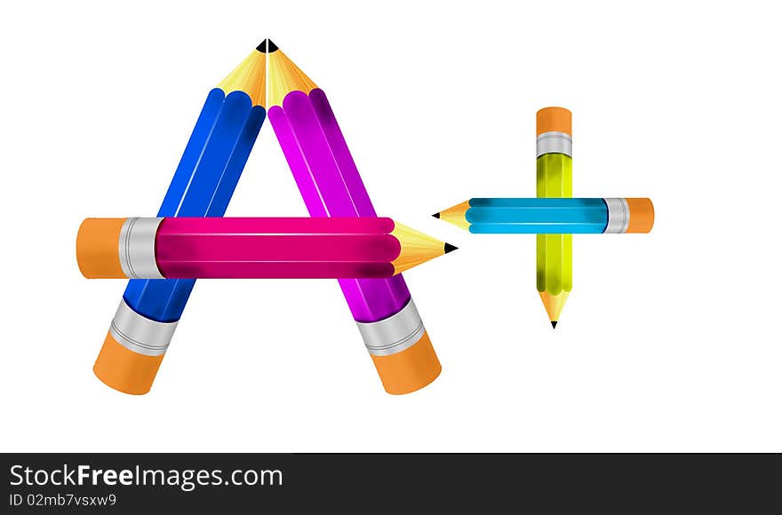 Multiple colored pencils forming A+ grade. Multiple colored pencils forming A+ grade.