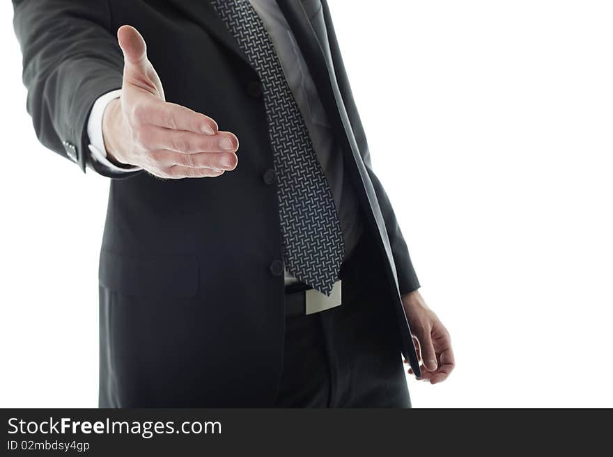 Businessman offering for handshake, white background