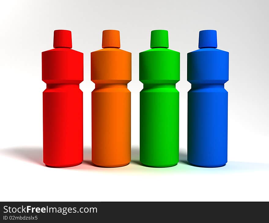 Coloured bottles of washing-up liquids on a white background. Coloured bottles of washing-up liquids on a white background