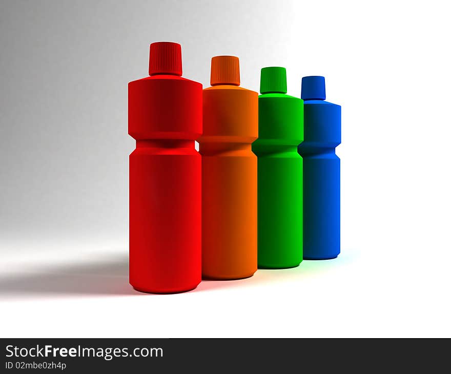 Coloured bottles of washing-up liquids on a white background. Coloured bottles of washing-up liquids on a white background