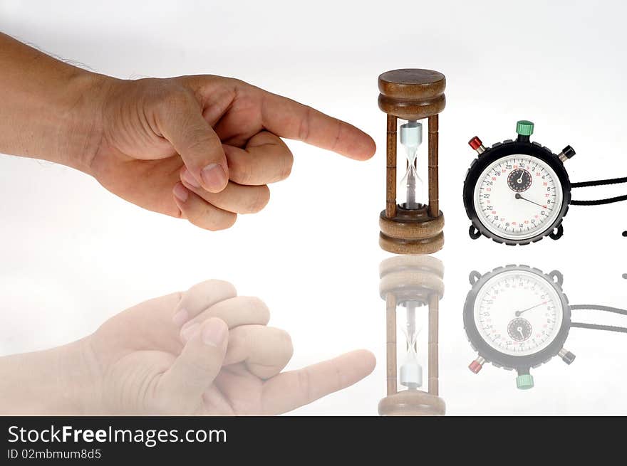 Finger point to Sand glass and clock