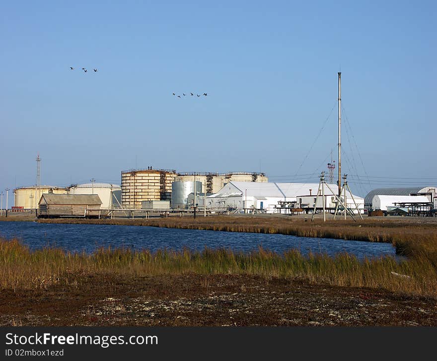 Oil terminal and grass in the evening light.