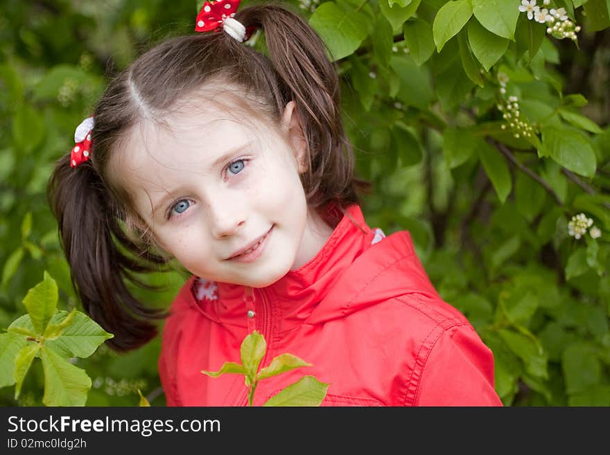 Portrait of a little girl with green leaves and blossom in background. Portrait of a little girl with green leaves and blossom in background.