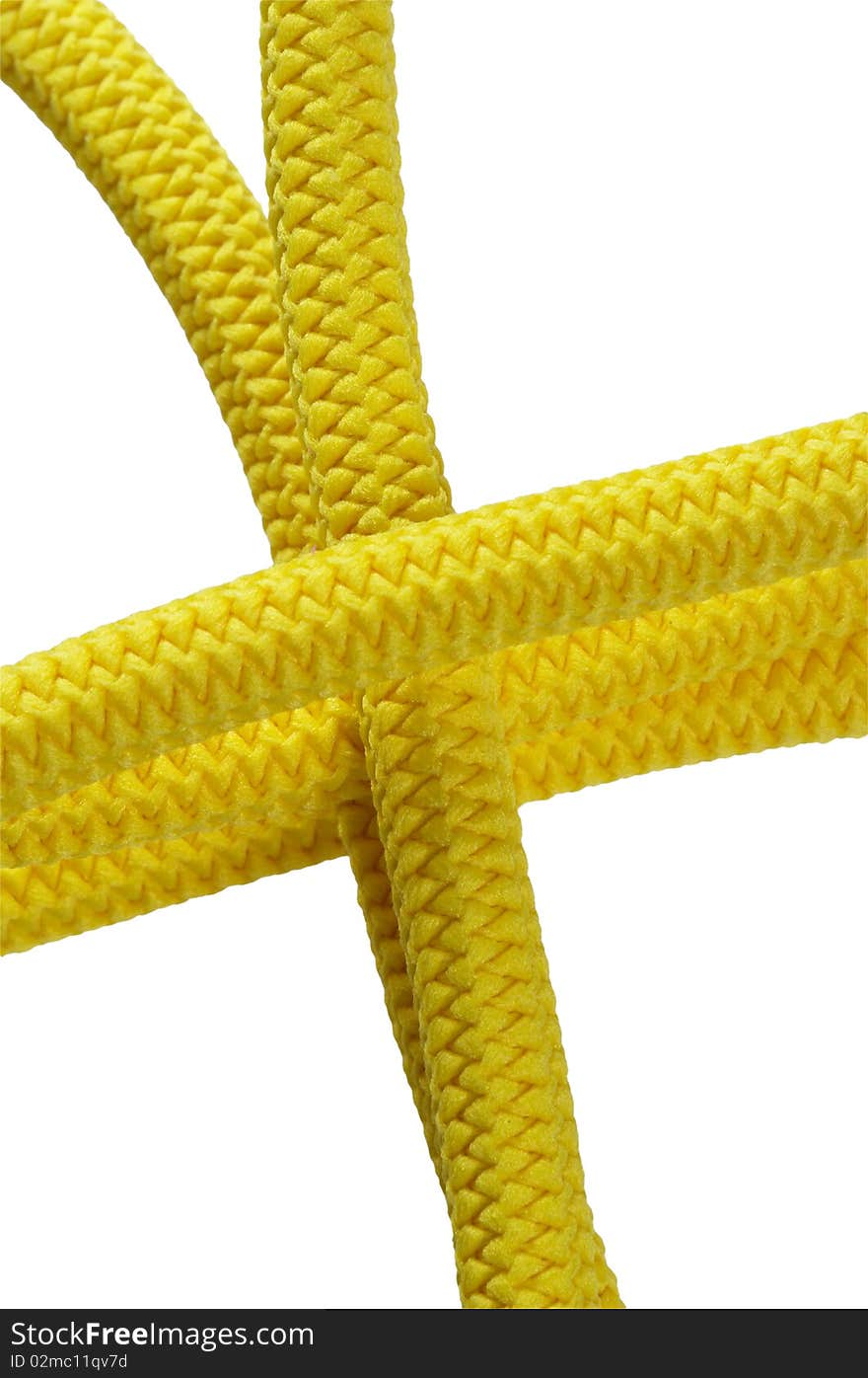 Five yellow ropes fragment isolated over white background