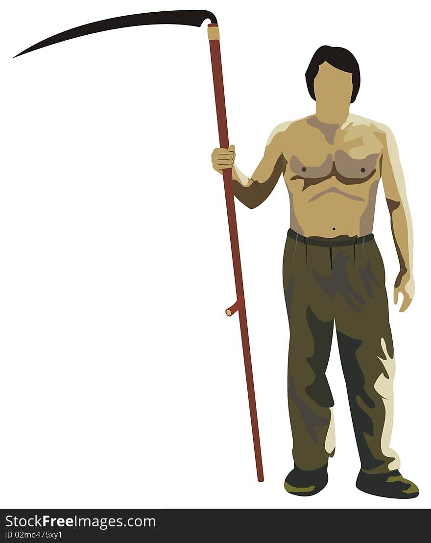 Illustration of mower worker with scythe. Illustration of mower worker with scythe