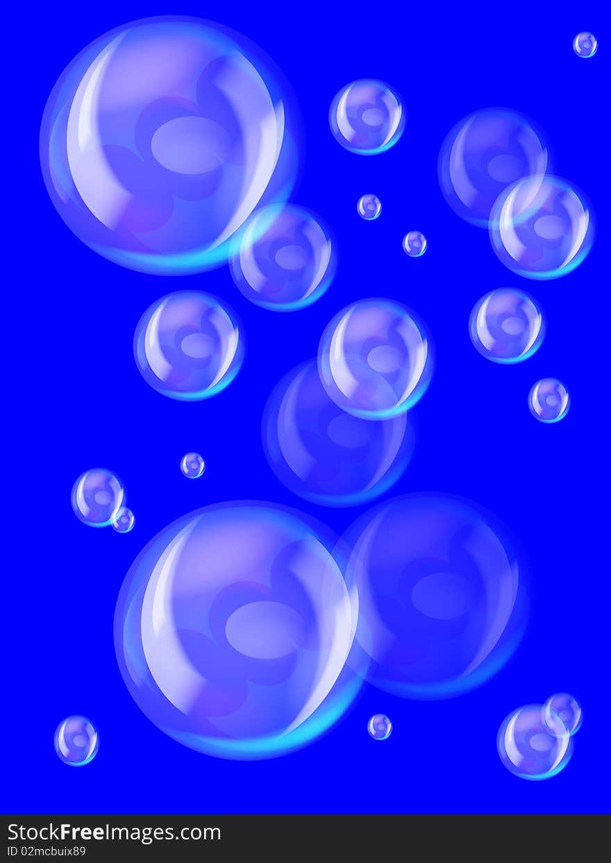 Big and small glass, soap or air bubbles  on the blue background. Big and small glass, soap or air bubbles  on the blue background.