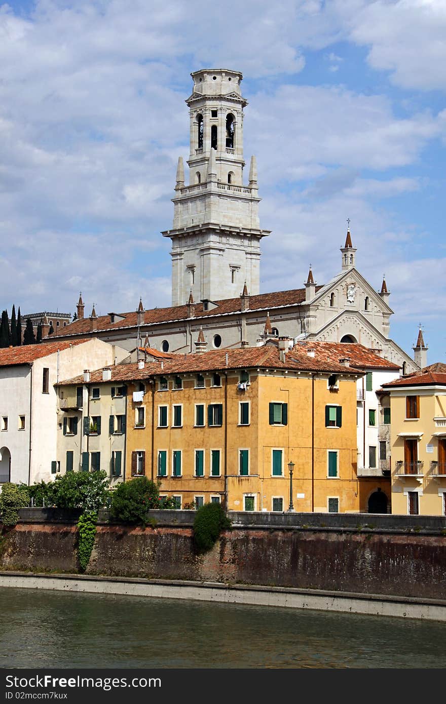 The Duomo church bell tower in Verona, Italy