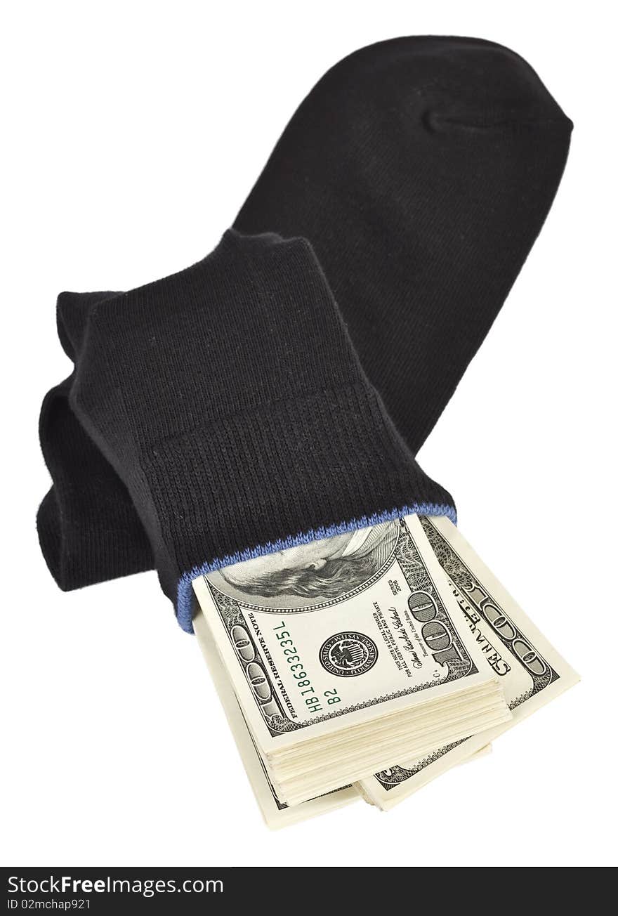 US dollars bundle hidden in black sock. US dollars bundle hidden in black sock