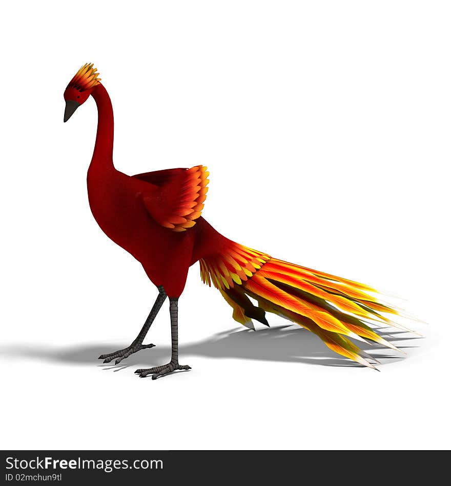 Red fantasy bird with beautiful feathers. 3D