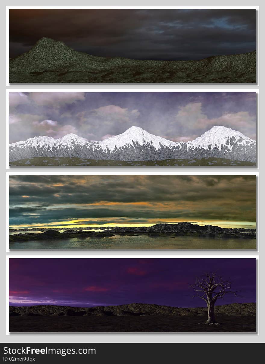 Four different fantasy landscapes for banner