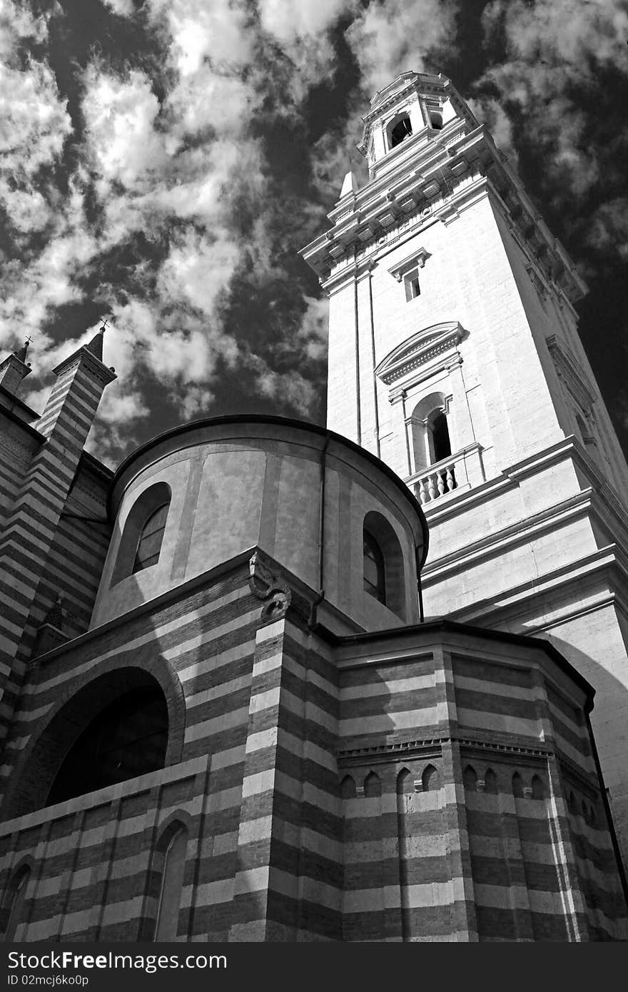 The Duomo church bell tower in Verona, Italy