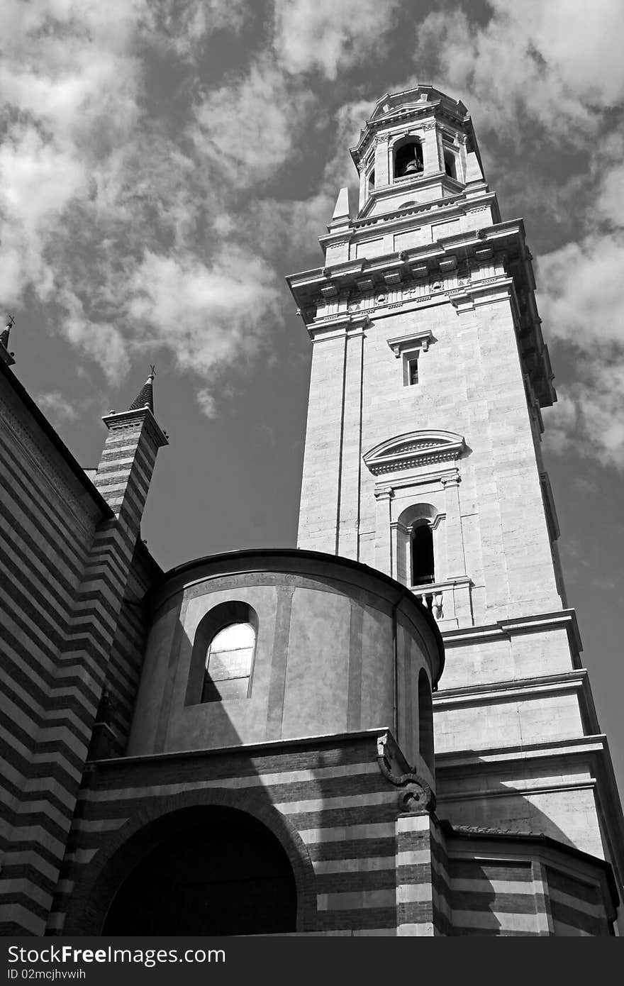 The Duomo church bell tower in Verona, Italy