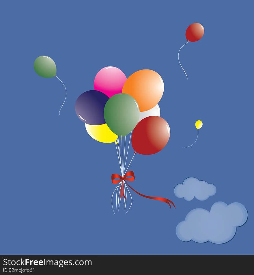 Blue sky with balloons, streamer, illustration. Blue sky with balloons, streamer, illustration