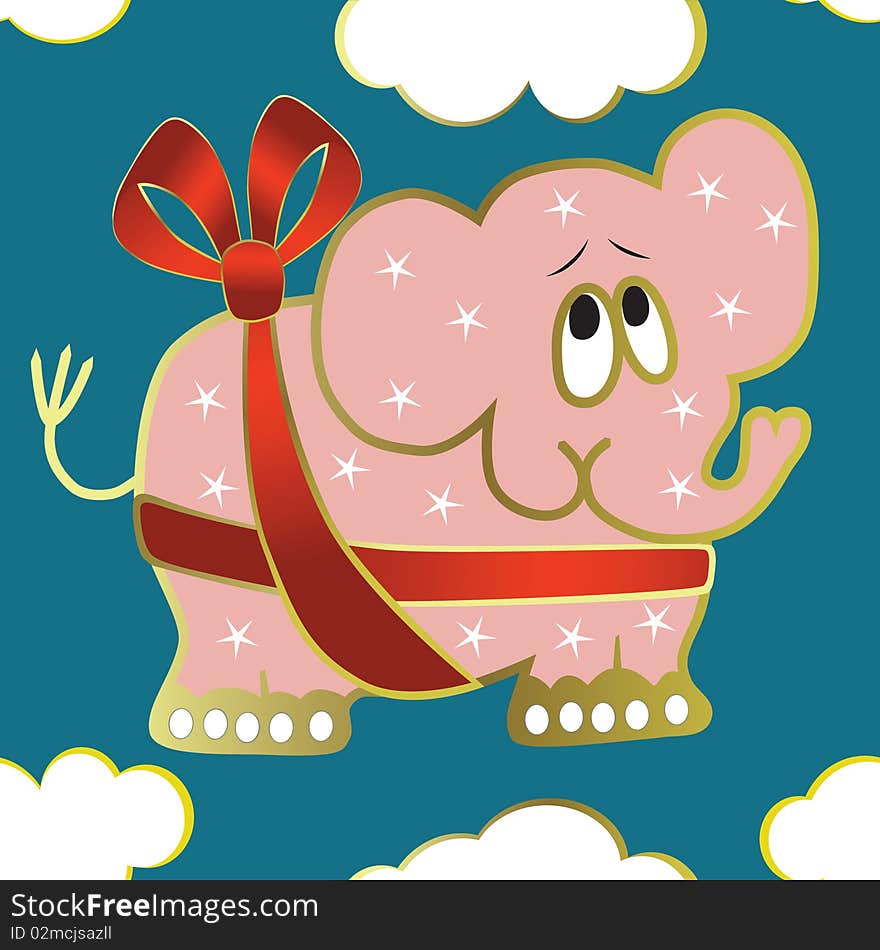 Seamless background with elephant, red ribbon, illustration