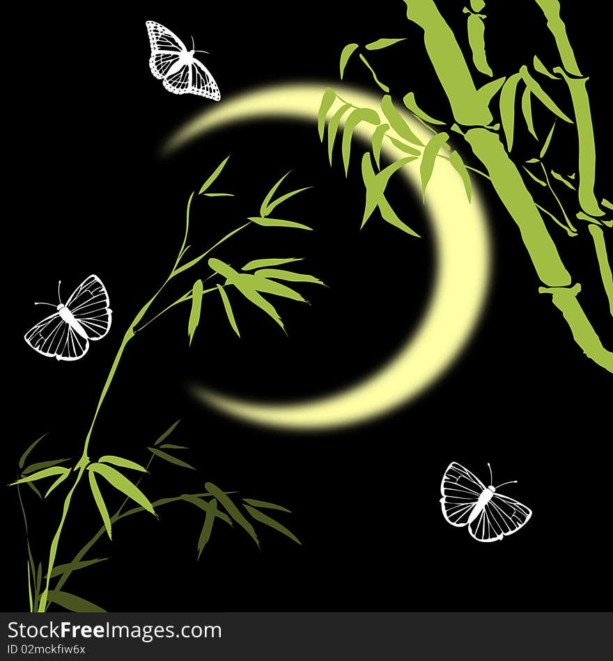 Abstract background with bamboo branches  and butterflies