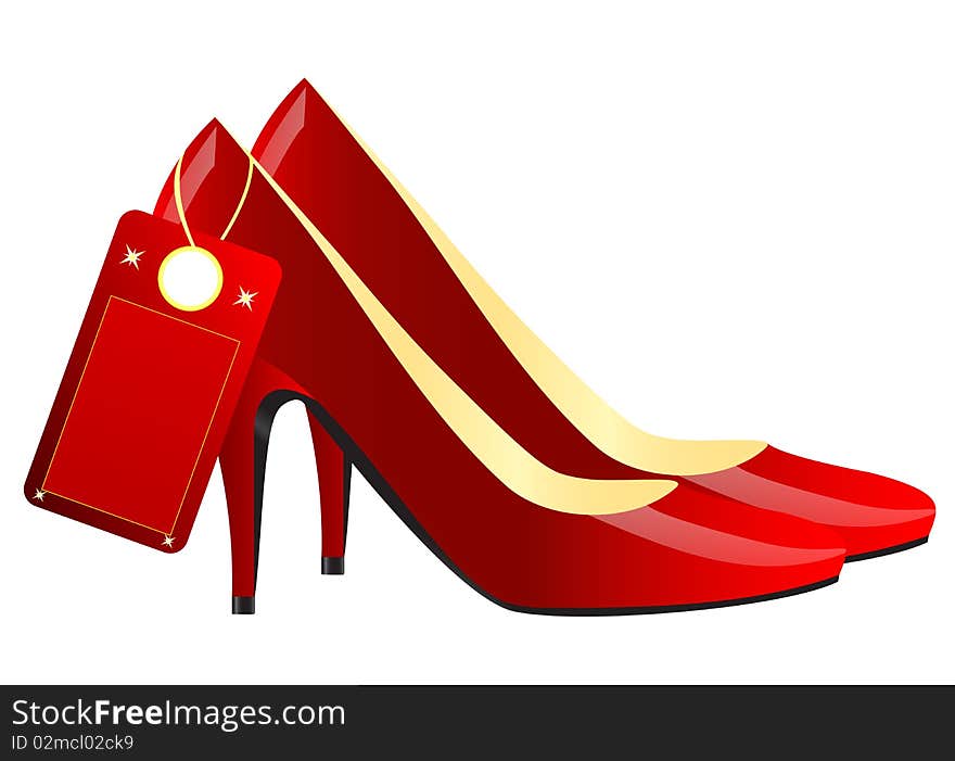 Realistic illustration of pair of modern red female shoes isolated over white