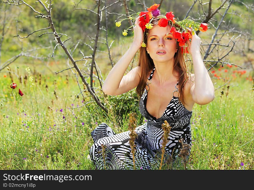 Woman And Circlet Of Flowers