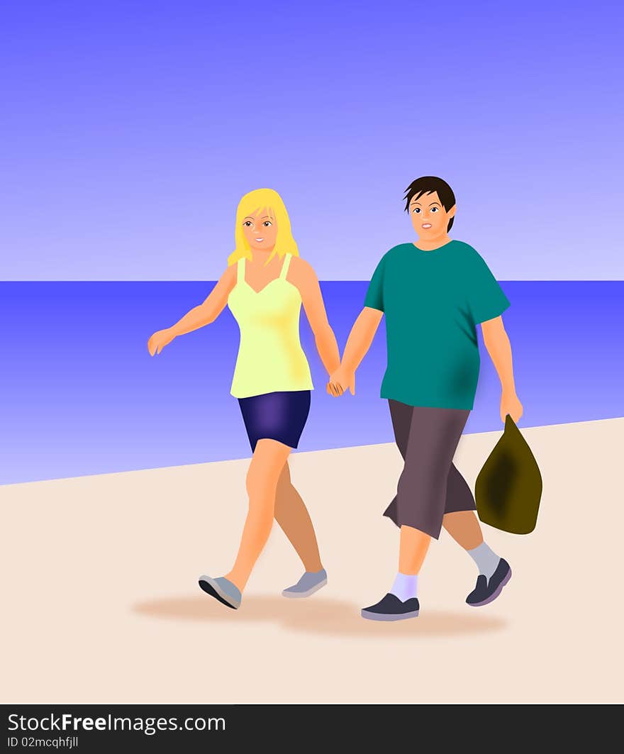 A young couple walking hand in hand by the seashore. A young couple walking hand in hand by the seashore.