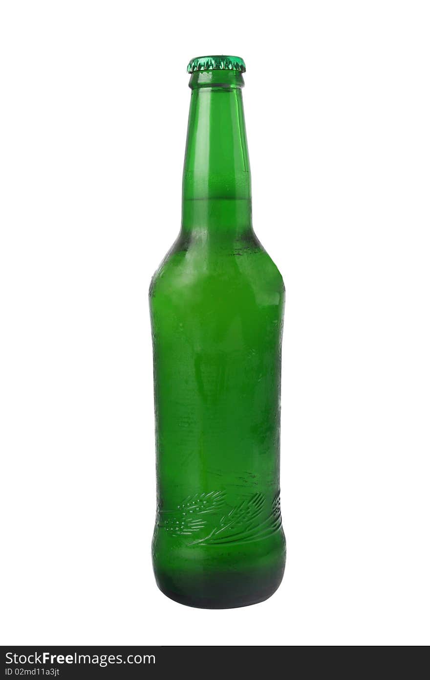 A bottle of beer is slanted with white background