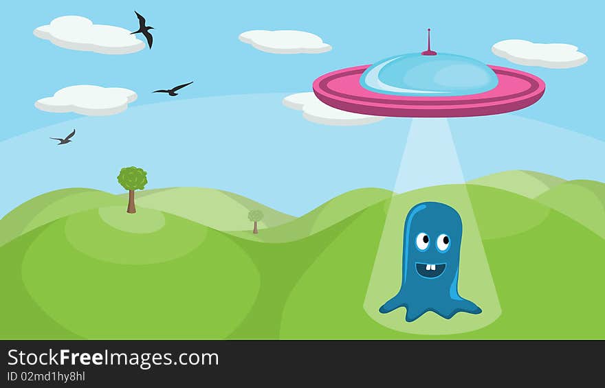 A cute little alien being abducted by a spaceship. No transparencies or gradients used in the image. A cute little alien being abducted by a spaceship. No transparencies or gradients used in the image.