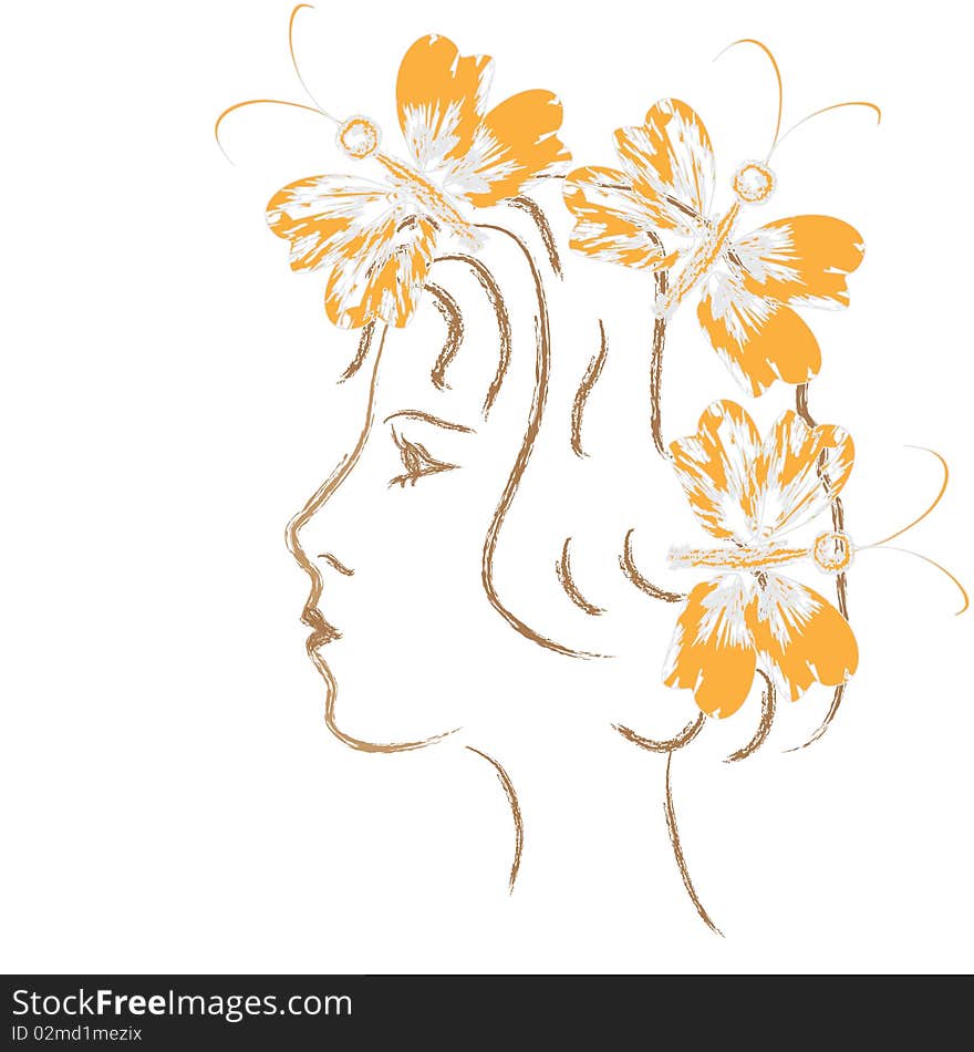 Woman with abstract orange butterfly. Woman with abstract orange butterfly