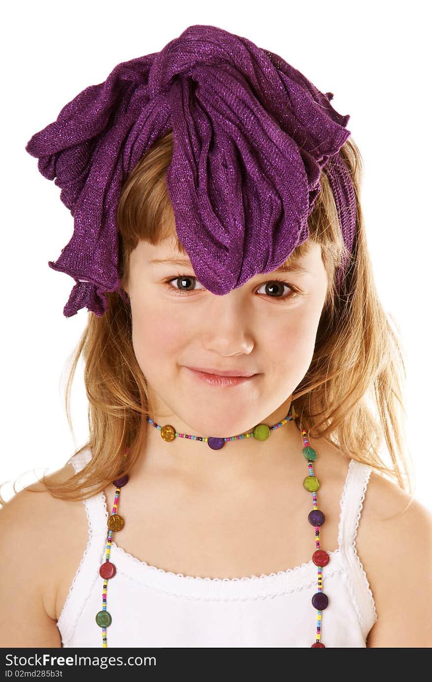 Portrait of beautiful smiling girl iwith big violet bow on head, isolated on white background