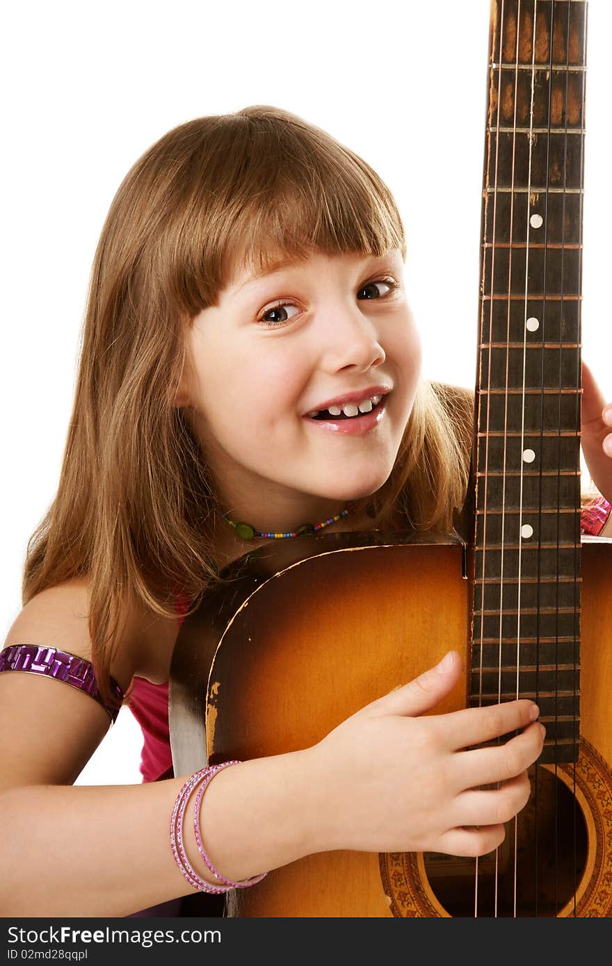 Portrait of pretty smiling stylish girl with guitar on white background. Portrait of pretty smiling stylish girl with guitar on white background