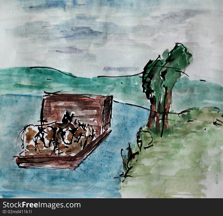 Colored illustration of flatboat shipping a livestock. Colored illustration of flatboat shipping a livestock