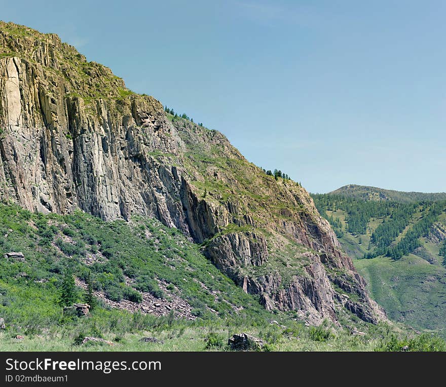 The mountain river flows among vegetation. The mountain river flows among vegetation