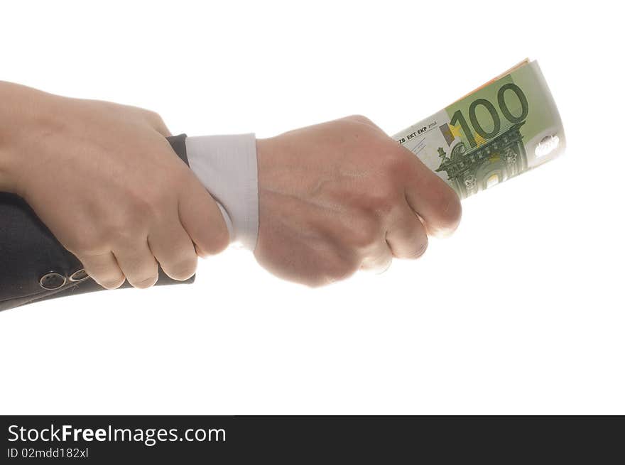 Businessman hand and woman hand with money.