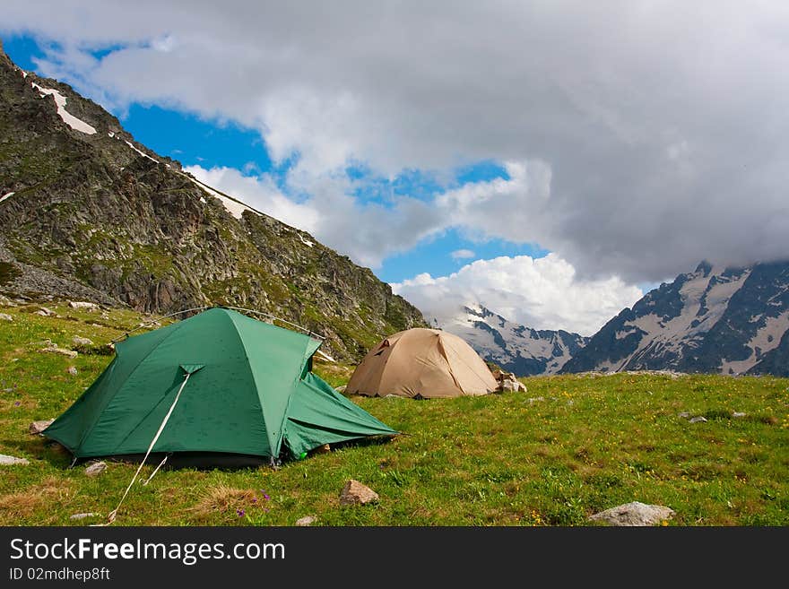 Two tents in Caucasus mountain