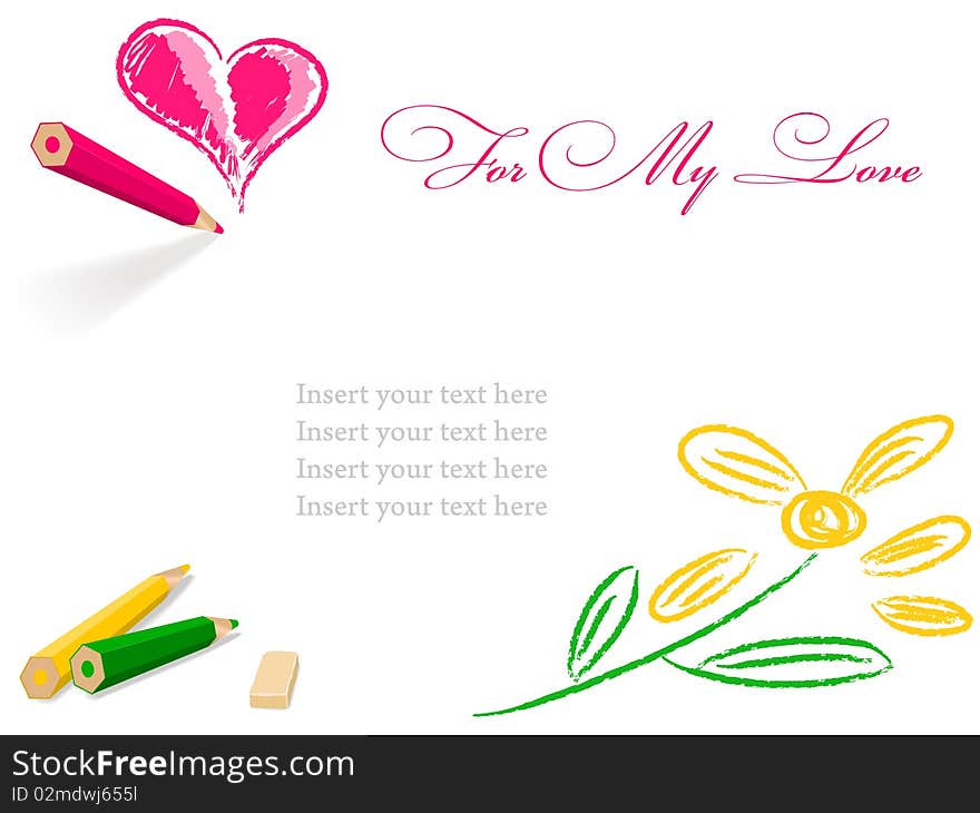 Drawing daisy flower and heart shape isolated on white. Drawing daisy flower and heart shape isolated on white