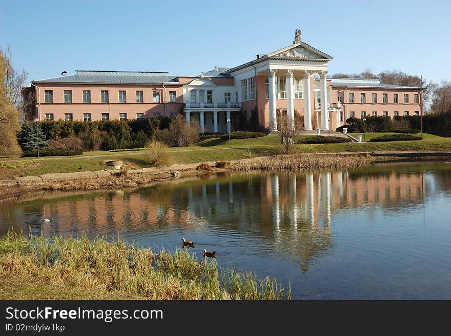 View of office building with pond in Moscow botanical gardens. View of office building with pond in Moscow botanical gardens