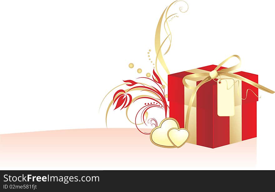 Decorative Red Box And Golden Hearts With Ornament