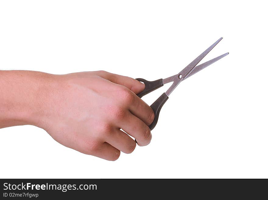 Man's hand with scissors on a white background.