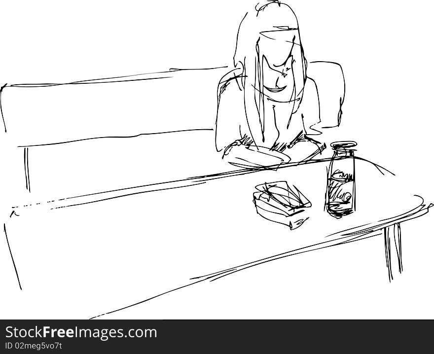 The black-and-white image girl at the table. The black-and-white image girl at the table